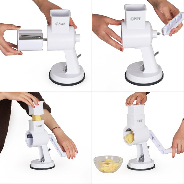 Commercial Chef Drum Grater + 3 Piece Blade Set Manual Shredder Cheese Grater Vegetable Nut Grinder - CH1514