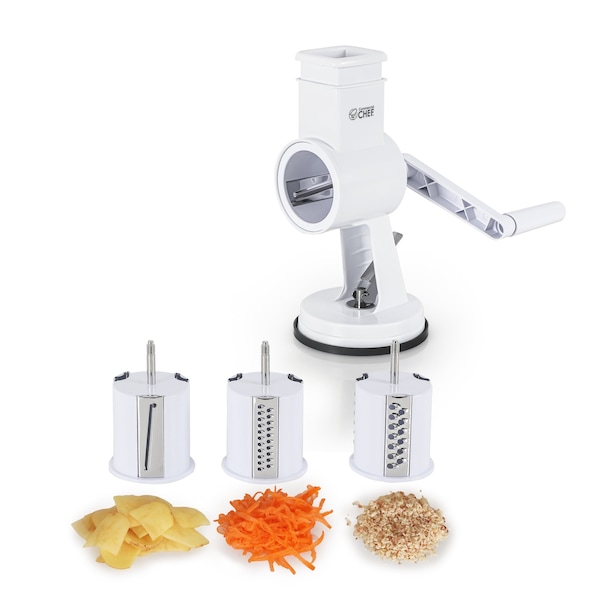 Commercial Chef Drum Grater + 3 Piece Blade Set Manual Shredder Cheese Grater Vegetable Nut Grinder - CH1514