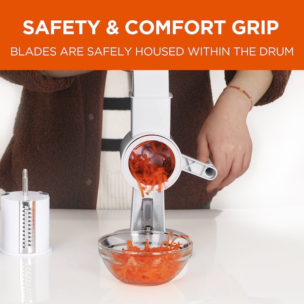 Commercial Chef Drum Grater + 3 Piece Blade Set Manual Shredder Cheese Grater Vegetable Nut Grinder - CH1514