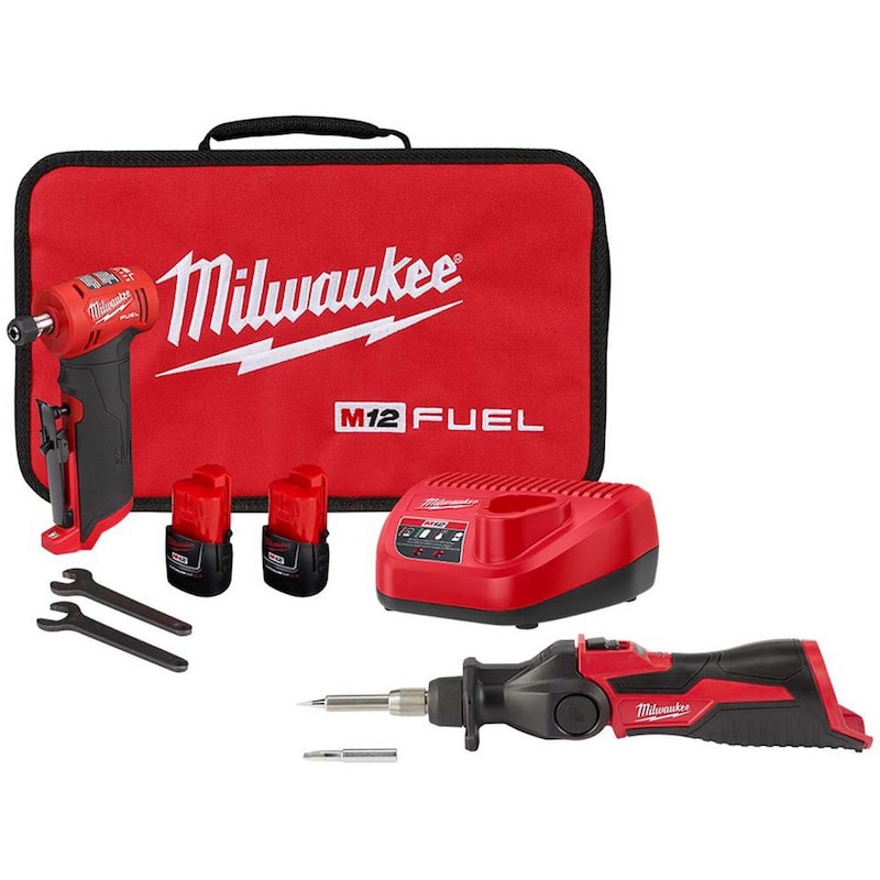Milwaukee M12 FUEL 12-Volt Lithium-Ion 1/4 in. Kit de amoladora de ángulo recto sin cable con soldador M12 - 2485-22-2488-20