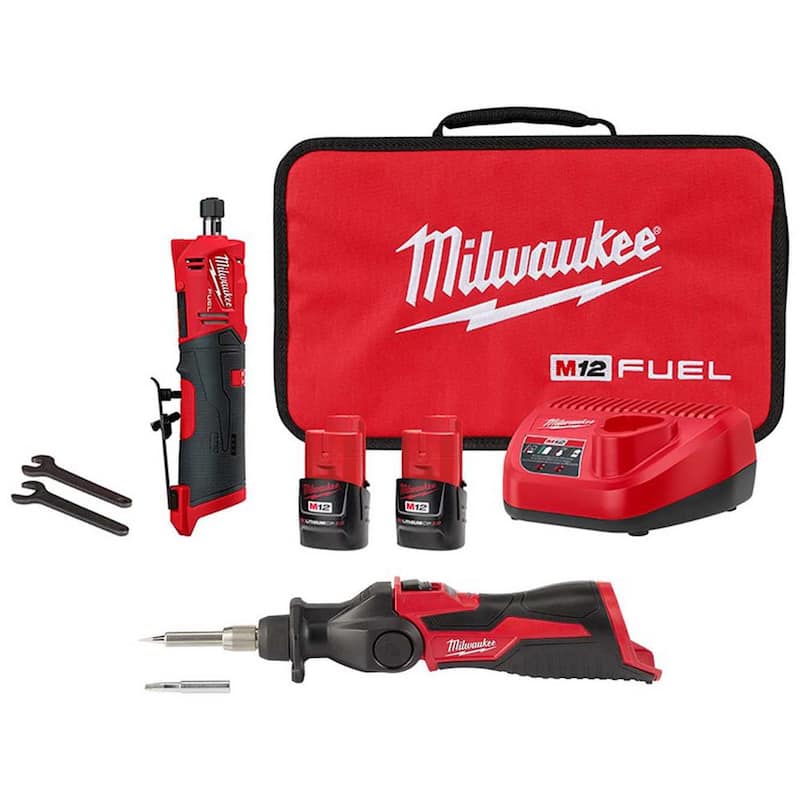 Rectificadora de troqueles rectos inalámbrica Milwaukee M12 FUEL de 12V de iones de litio sin escobillas con kit de soldadura de hierro M12 - 2486-22-2488-20