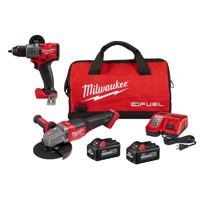 Milwaukee M18 FUEL 18V Lithium-Ion Sin escobillas inalámbrico 4-1/2 in./6 in. Amoladora con interruptor de paleta Kit con taladro martillo FUEL de 1/2 in. - 2980-22-2904-20