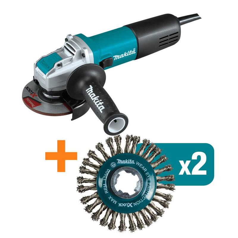 Esmeriladora angular con interruptor AC/DC Makita de 7.5 amperes con bloqueo X-LOCK de 4-1/2 in. con bono de 2 ruedas de alambre trenzado Twist de 4-1/2 in. - GA4570-D-726092.