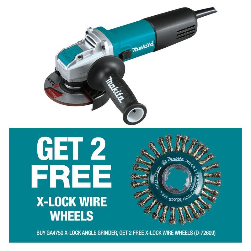 Esmeriladora angular con interruptor AC/DC Makita de 7.5 amperes con bloqueo X-LOCK de 4-1/2 in. con bono de 2 ruedas de alambre trenzado Twist de 4-1/2 in. - GA4570-D-726092.