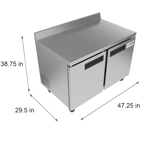 Koolmore 48" Stainless Steel 2 Door Worktop Commercial Refrigerator with 3 1/2 Backsplash - 12 cu.ft () - RWT-2D-12C