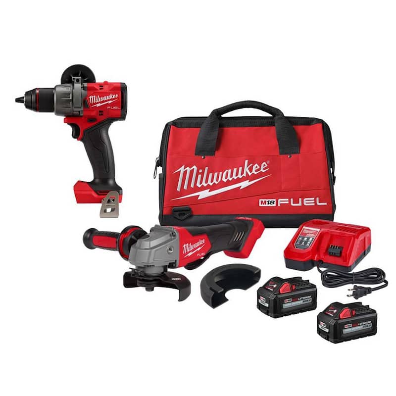 Rectificadora inalámbrica Brushless de 18V con batería de iones de litio Milwaukee M18 FUEL de 4-1/2 in./5 in., Kit con interruptor de paleta y taladro percutor FUEL de 1/2 in. - 2880-22-2904-20
