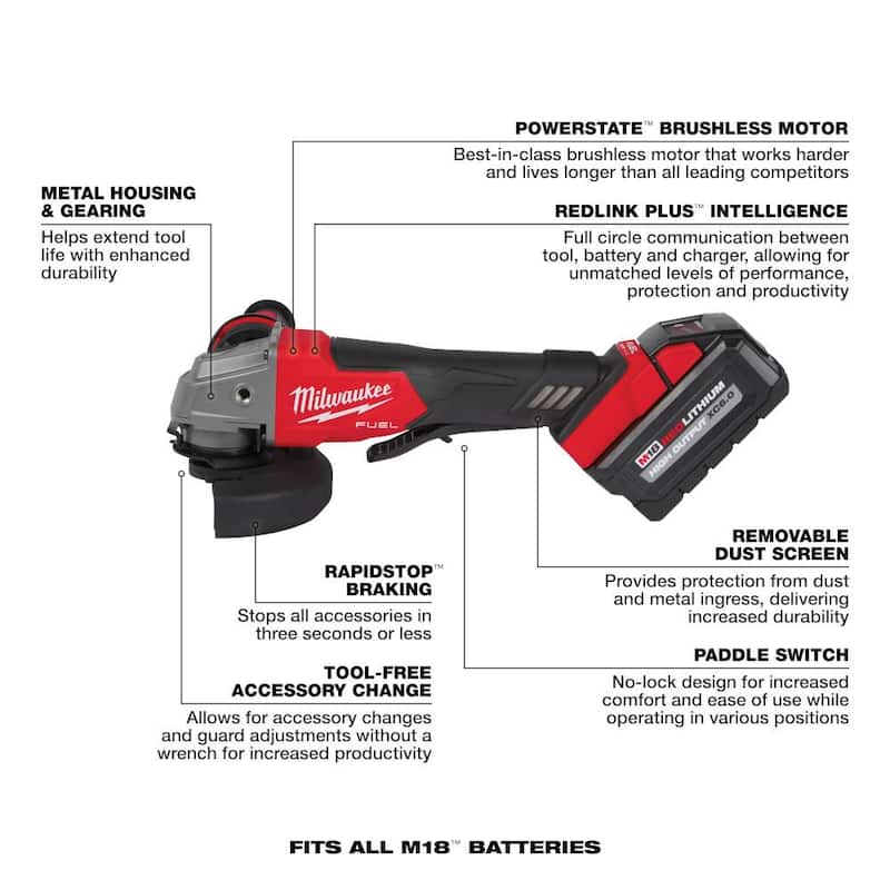 Rectificadora inalámbrica Brushless de 18V con batería de iones de litio Milwaukee M18 FUEL de 4-1/2 in./5 in., Kit con interruptor de paleta y taladro percutor FUEL de 1/2 in. - 2880-22-2904-20