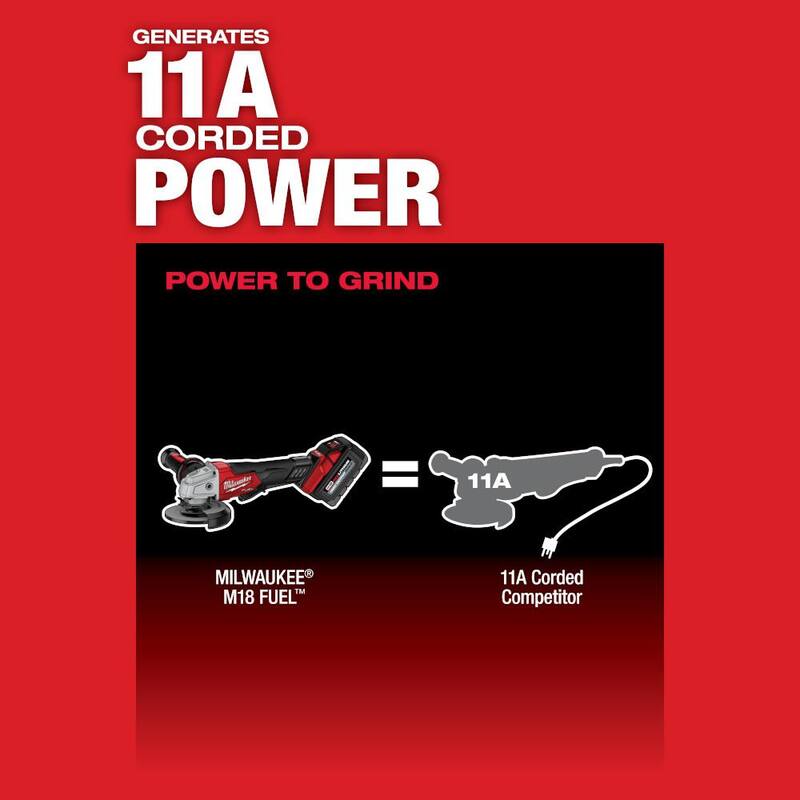 Rectificadora inalámbrica Brushless de 18V con batería de iones de litio Milwaukee M18 FUEL de 4-1/2 in./5 in., Kit con interruptor de paleta y taladro percutor FUEL de 1/2 in. - 2880-22-2904-20