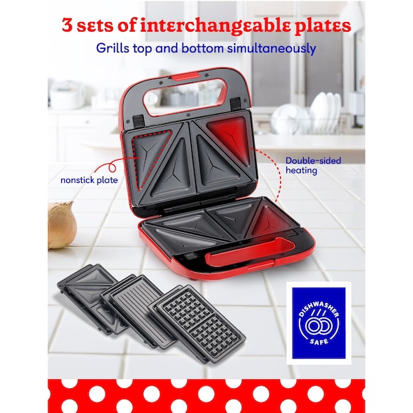 Betty Crocker 3-in-1 Indoor Grill, Sandwich / Panini Press & Waffle Maker Plus, Red - BC-4965R