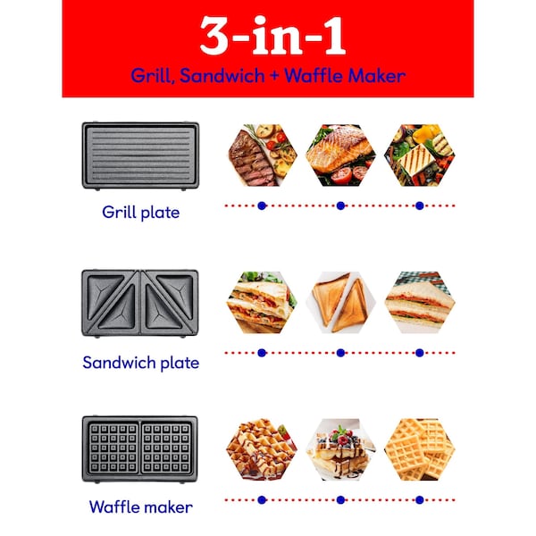 Betty Crocker 3-in-1 Indoor Grill, Sandwich / Panini Press & Waffle Maker Plus, Red - BC-4965R