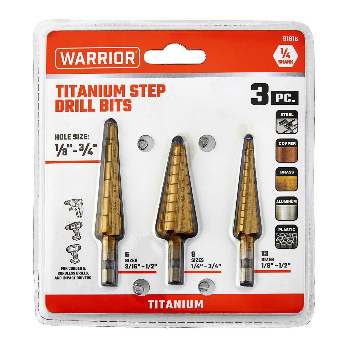 Juego de Brocas Escalonadas de Titanio Warrior, 3 Piezas - 91616