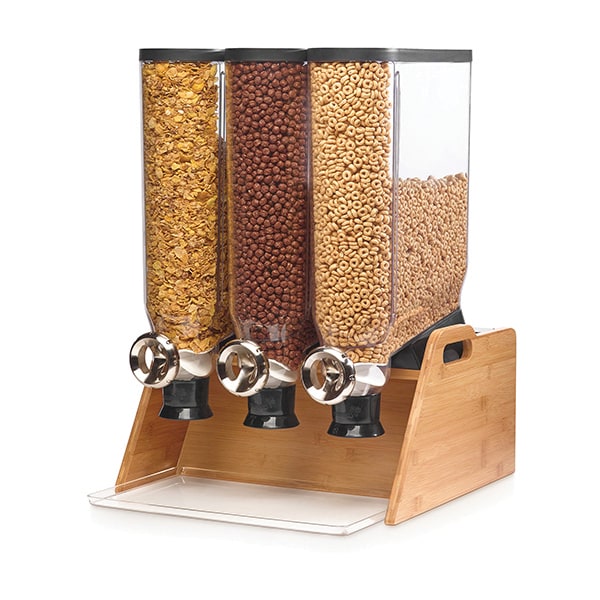 Rosseto Serving Solutions PRO-BULK 3.5 Gal. 3-Container Tabletop Dispenser with Bamboo Stand and Tray, 1 EA - DS102