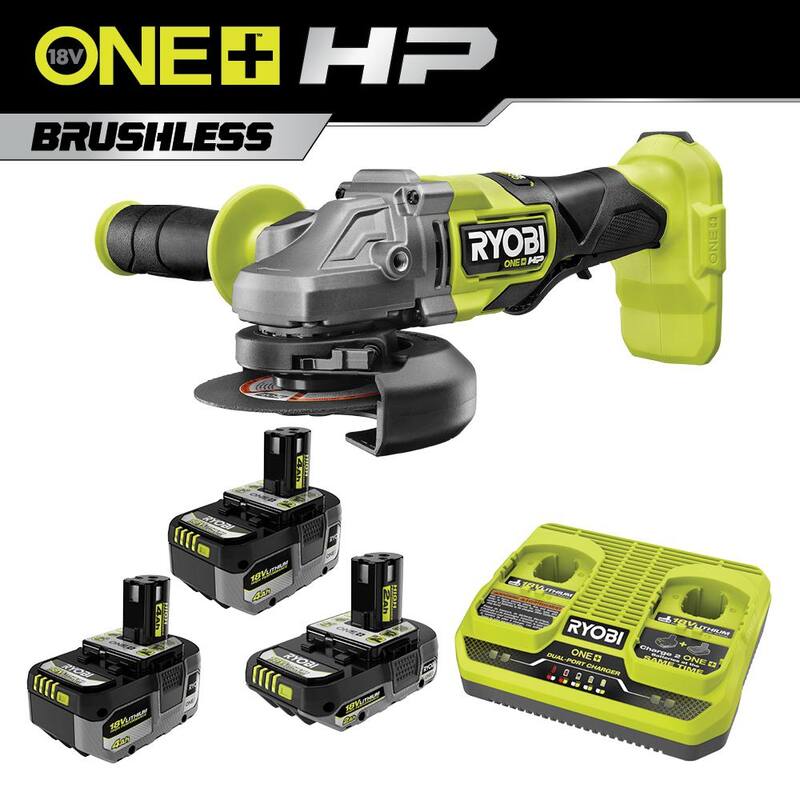 RYOBI ONE+ 18V Kit de alto rendimiento con (2) baterías de 4.0 Ah, una batería de 2.0 Ah, cargador de 2 puertos y esmeriladora angular ONE+ HP Brushless - PSK023-PBLAG01B