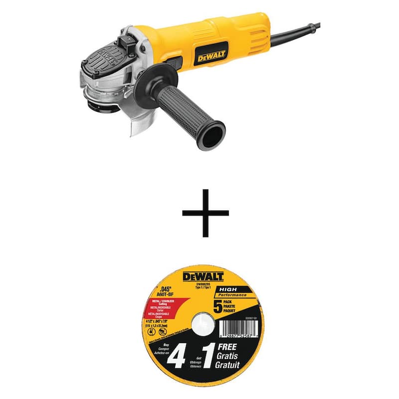 DEWALT 7 amperios 4.5 pulgadas Amoladora Angular Pequeña con Protector de 1 Toque y Rueda de Corte de Metal de 4.5 pulgadas x 0.045 pulgadas x 7/8 pulgadas (paquete de 5) - DWE4011W8062B5
