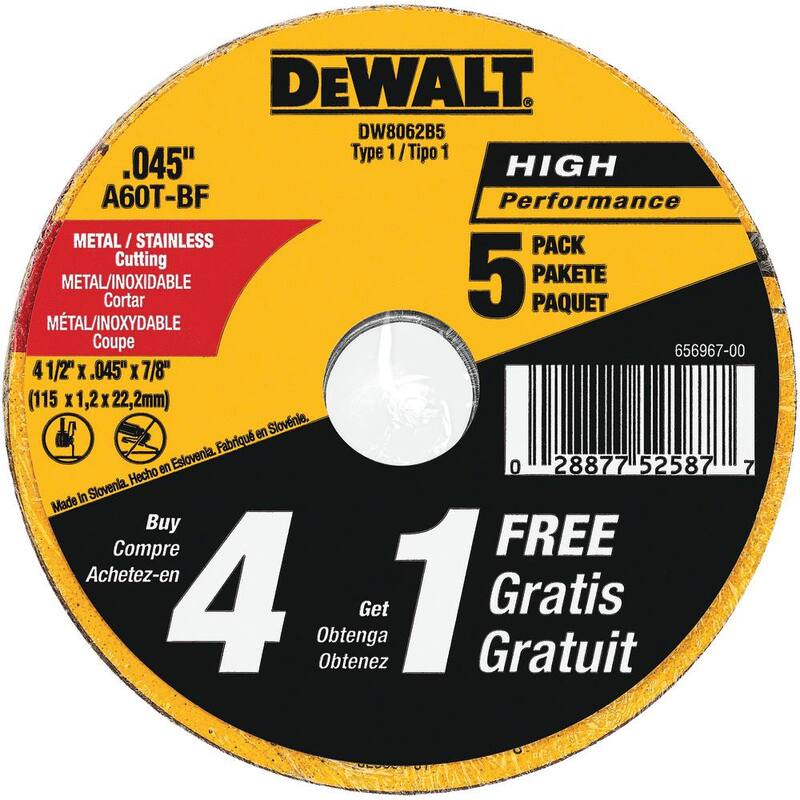DEWALT 7 amperios 4.5 pulgadas Amoladora Angular Pequeña con Protector de 1 Toque y Rueda de Corte de Metal de 4.5 pulgadas x 0.045 pulgadas x 7/8 pulgadas (paquete de 5) - DWE4011W8062B5