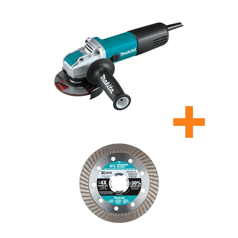 Amoladora angular con cable de 7.5 AMP y X-LOCK de 4-1/2 pulgadas de Makita con hoja de diamante Turbo Rim de 4-1/2 pulgadas para corte de albañilería - GA4570-E-07216