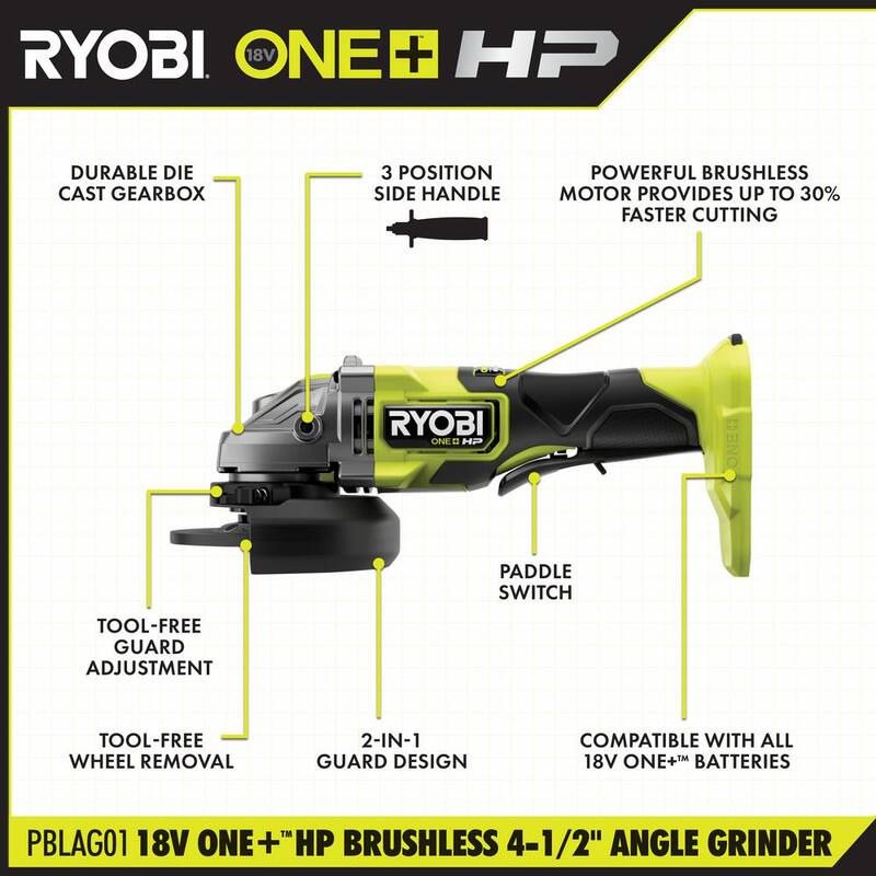 Molinillo angular inalámbrico RYOBI ONE+ HP 18V sin escobillas de 4-1/2 pulgadas con batería de 2.0 Ah y cargador - PBLAG01B-PSK005.
