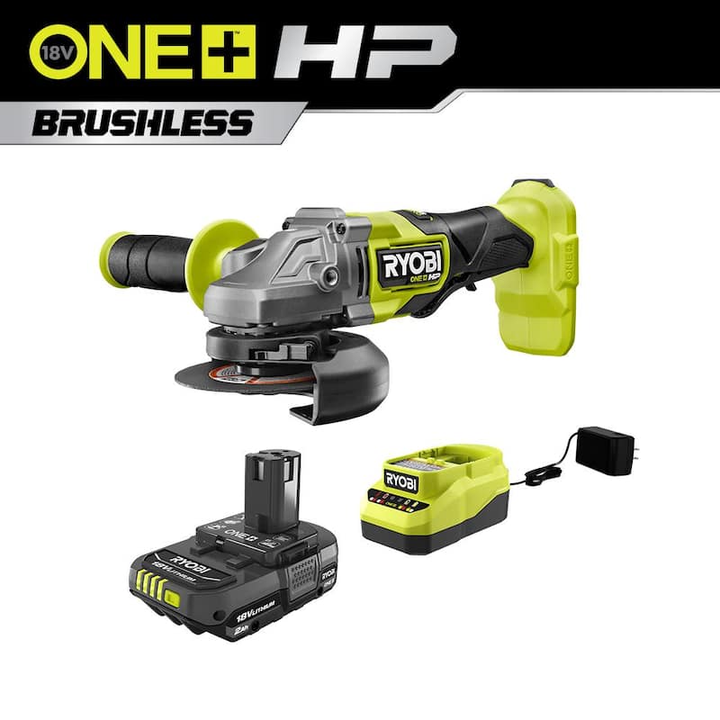 Molinillo angular inalámbrico RYOBI ONE+ HP 18V sin escobillas de 4-1/2 pulgadas con batería de 2.0 Ah y cargador - PBLAG01B-PSK005.