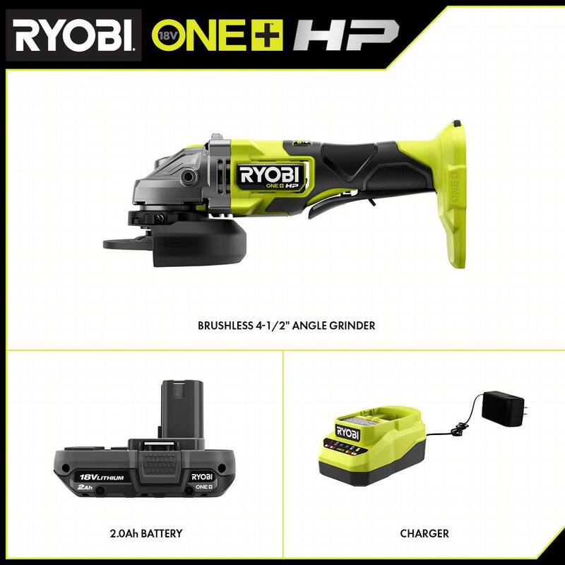 Molinillo angular inalámbrico RYOBI ONE+ HP 18V sin escobillas de 4-1/2 pulgadas con batería de 2.0 Ah y cargador - PBLAG01B-PSK005.