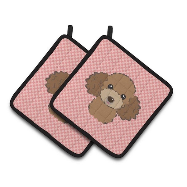 Carolines Treasures Checkerboard Pink Chocolate Brown Poodle Pair of Pot Holders, 7.5 x 3 x 7.5 in. - BB1256PTHD