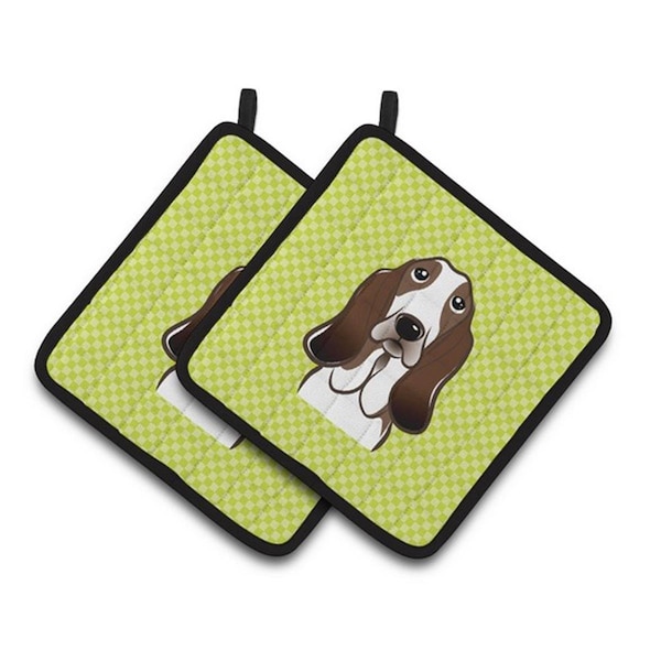 Carolines Treasures Checkerboard Lime Green Basset Hound Pair of Pot Holders, 7.5 x 3 x 7.5 in. - BB1305PTHD