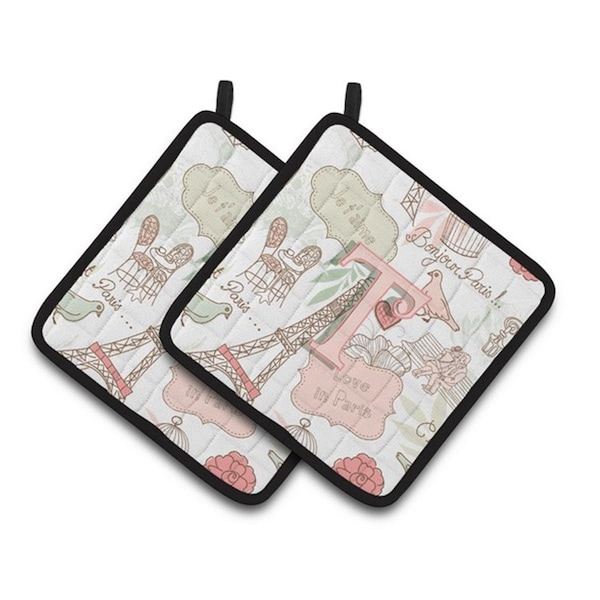 Carolines Treasures Letter T Love in Paris Pink Pair of Pot Holders, 7.5 x 3 x 7.5 in. - CJ2002-TPTHD