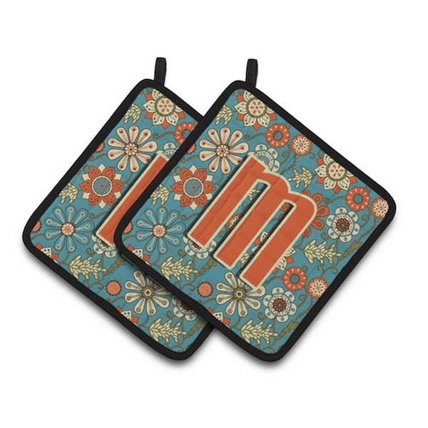 Carolines Treasures Letter M Flowers Retro Blue Pair of Pot Holders, 7.5 x 3 x 7.5 in. - CJ2012-MPTHD