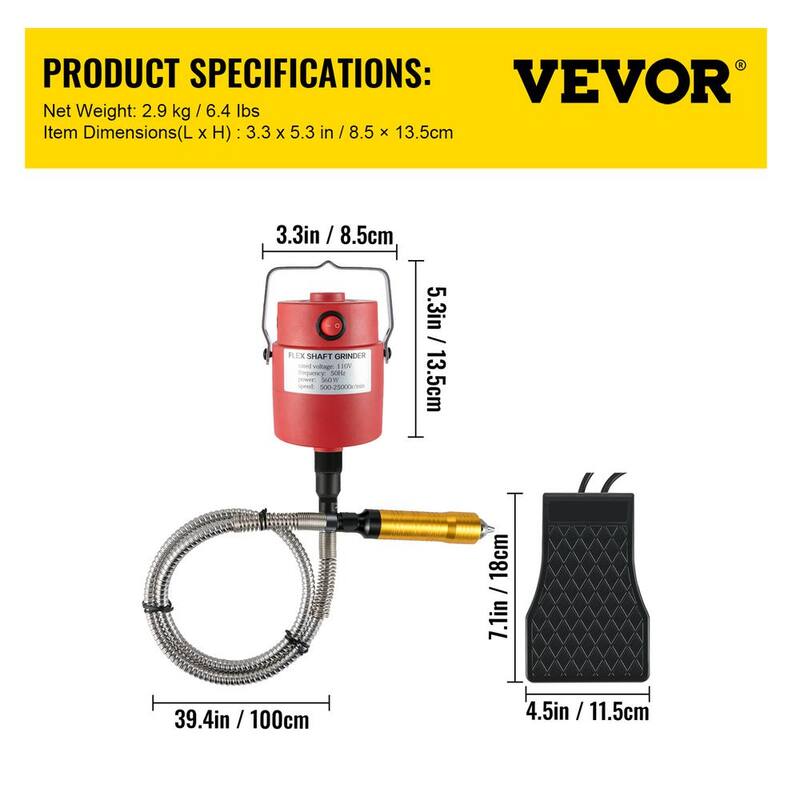 Amoladora de eje flexible VEVOR de 560 vatios con mandril de 1/4 de pulgada, pedal y velocidad de 500 a 25000 RPM para tallar, perforar y pulir - DMJMC560W-W7JUK50V1