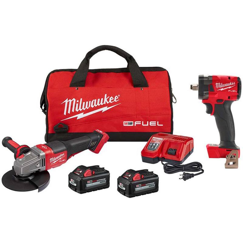 Rectificadora inalámbrica Milwaukee M18 FUEL 18V de iones de litio sin escobillas de 4-1/2/6 pulgadas, kit con interruptor de paleta, llave de impacto de 1/2 pulgadas y 2 baterías - 2980-22-2855-20.
