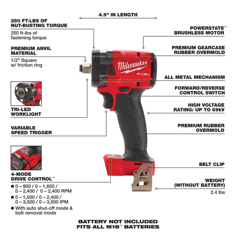 Rectificadora inalámbrica Milwaukee M18 FUEL 18V de iones de litio sin escobillas de 4-1/2/6 pulgadas, kit con interruptor de paleta, llave de impacto de 1/2 pulgadas y 2 baterías - 2980-22-2855-20.