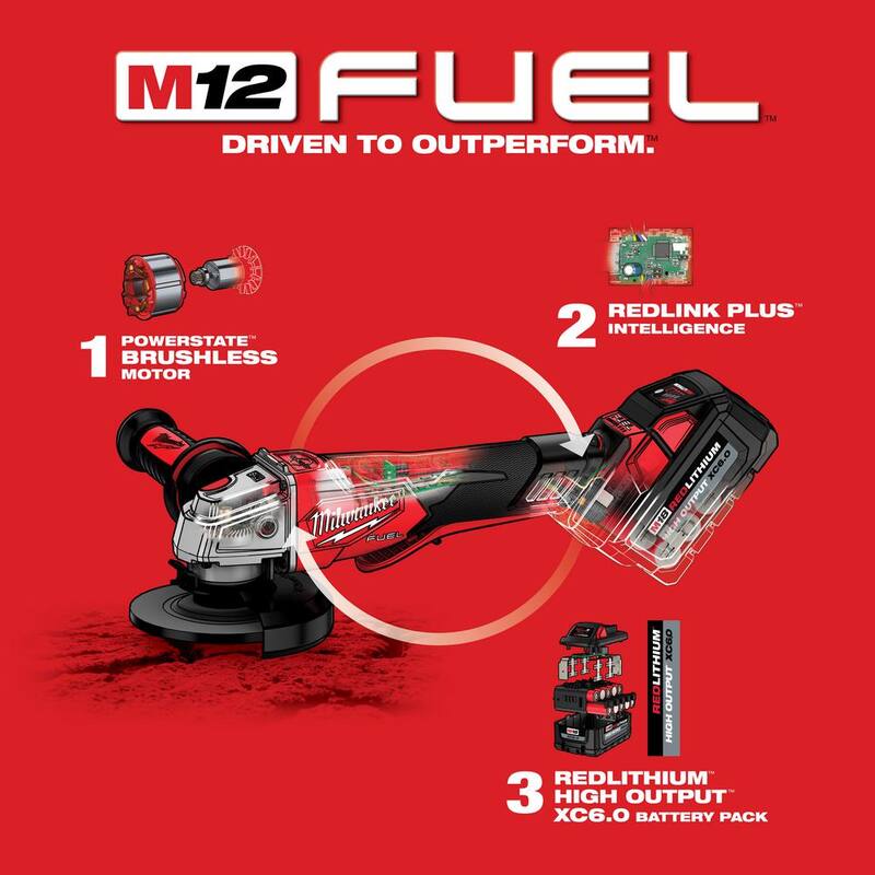 Amoladora inalámbrica Milwaukee M18 FUEL de 18 voltios con batería de iones de litio, sin escobillas, de 4-1/2 in./5 in. con velocidad variable y interruptor de paleta (2 piezas) - 2888-20-2888-20