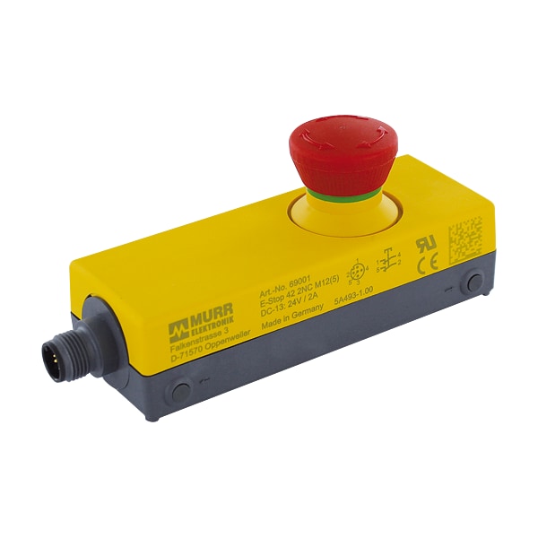 Murr Elektronik E-stop con 2 aperturas positivas, S en un recinto de 42mm, conexión M12, 5 polos, liberación por giro - 69001.