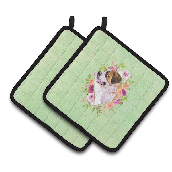 Carolines Treasures 7.5 x 7.5 in. Saint Bernard No.1 Green Flowers Pair of Pot Holders - CK4346PTHD