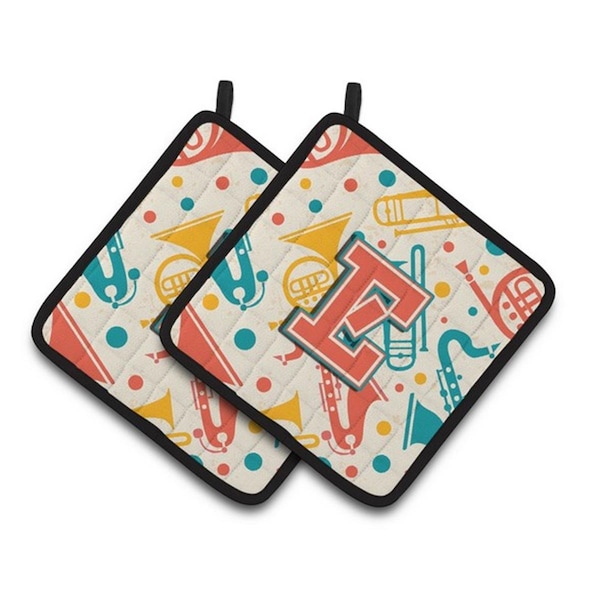 Carolines Treasures Letter E Retro Teal Orange Musical Instruments Initial Pair of Pot Holders, 7.5 x 3 x 7.5 in. - CJ2001-EPTHD