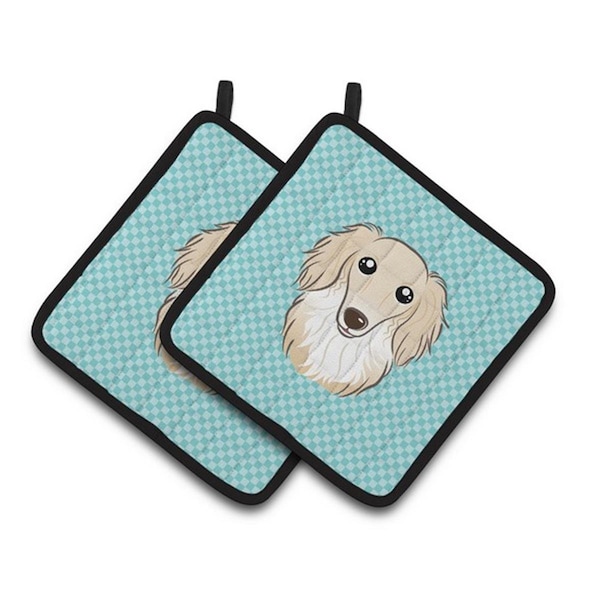 Carolines Treasures Checkerboard Blue Longhair Creme Dachshund Pair of Pot Holders, 7.5 x 3 x 7.5 in. - BB1150PTHD