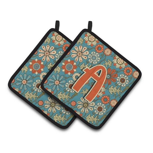Carolines Treasures Letter A Flowers Retro Blue Pair of Pot Holders, 7.5 x 3 x 7.5 in. - CJ2012-APTHD