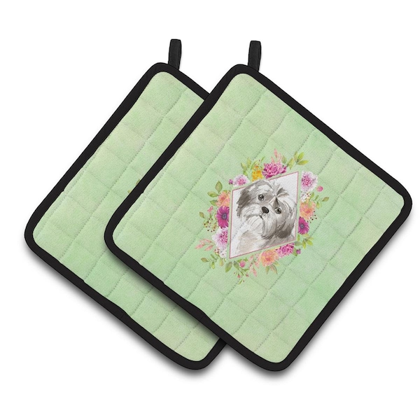 Carolines Treasures 7.5 x 7.5 in. Shih Tzu Puppy Green Flowers Pair of Pot Holders - CK4371PTHD