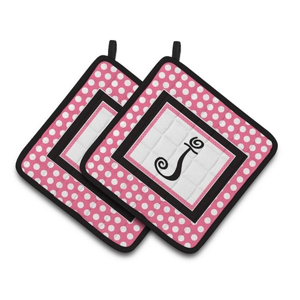 Carolines Treasures Letter J Monogram - Pink Black Polka Dots Pair of Pot Holders, 7.5 x 3 x 7.5 in. - CJ1001-JPTHD