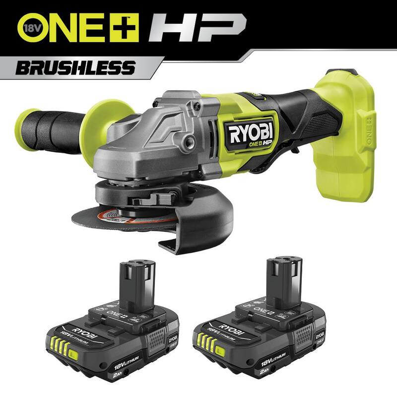 RYOBI ONE+ HP Amoladora Angular Inalámbrica 18V Brushless de 4-1/2 pulgadas con Batería GRATIS de 2.0 Ah (Paquete de 2) - PBLAG01B-PBP2006