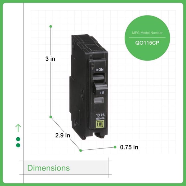 Square D Miniature Circuit Breaker, QO Series, 15A, 1 Pole, 120/240V AC, 10kA at 120/240V AC - QO115CP1235