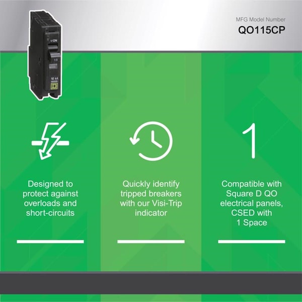 Square D Miniature Circuit Breaker, QO Series, 15A, 1 Pole, 120/240V AC, 10kA at 120/240V AC - QO115CP1235