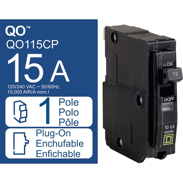 Square D Miniature Circuit Breaker, QO Series, 15A, 1 Pole, 120/240V AC, 10kA at 120/240V AC - QO115CP1235