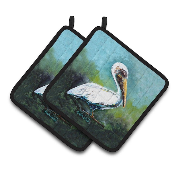 Carolines Treasures Blue Stand White Pelican Pair of Pot Holders - MW1309PTHD