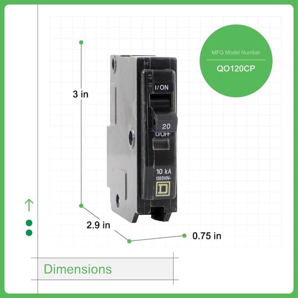 Square D Miniature Circuit Breaker, QO Series, 20A, 1 Pole, 120/240V AC, 10kA at 120/240V AC - QO120CP1235