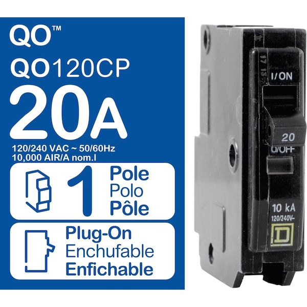 Square D Miniature Circuit Breaker, QO Series, 20A, 1 Pole, 120/240V AC, 10kA at 120/240V AC - QO120CP1235