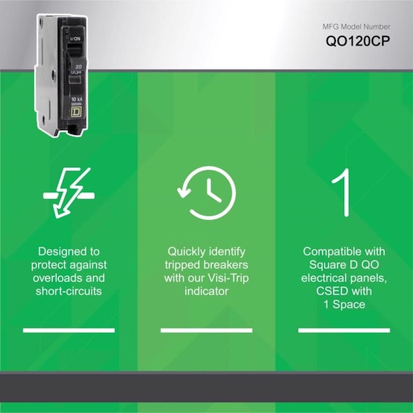 Square D Miniature Circuit Breaker, QO Series, 20A, 1 Pole, 120/240V AC, 10kA at 120/240V AC - QO120CP1235