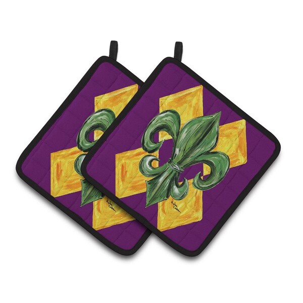 Carolines Treasures Mardi Gras Fleur De Lis Purple Green & Gold Pair of Pot Holders - 8133PTHD
