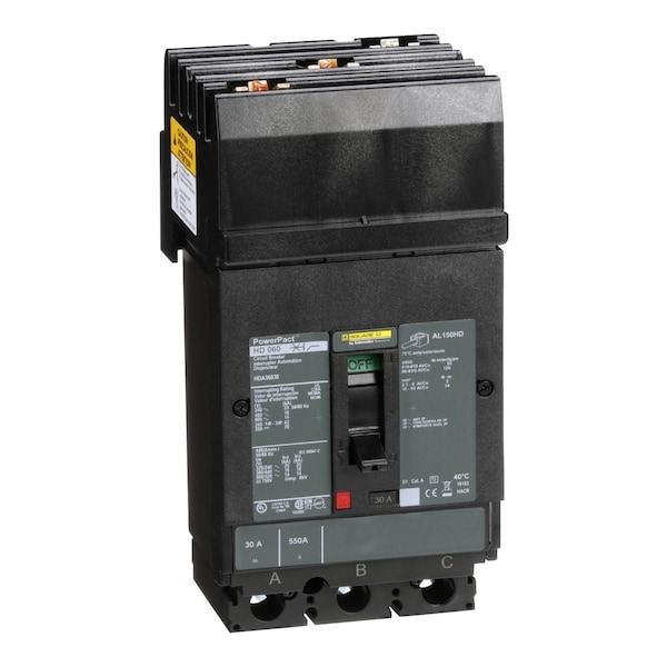 Square D Molded Case Circuit Breaker, HDA Series, 30A, 3 Pole, 600V AC, 25kA at 240V AC - HDA36030