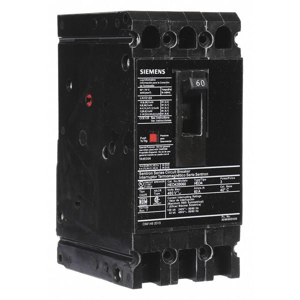 Siemens Molded Case Circuit Breaker, HED4 Series, 60A, 3 Pole, 480V AC, 42kA at 480V AC - HED43B060