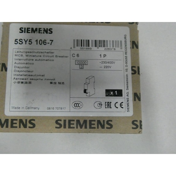 Siemens Miniature Circuit Breaker, 5SY5 Series, 7A, 1 Pole, 230/400V AC - 5SY5106-7